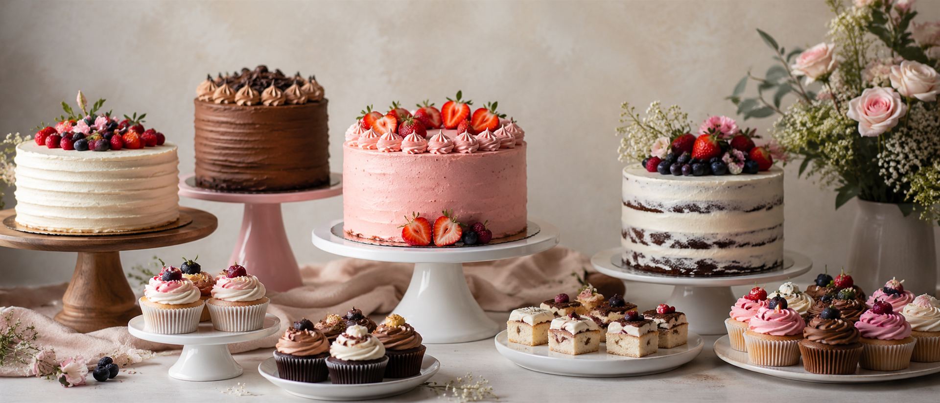 Assortment of custom cakes and cupcakes on cake stands